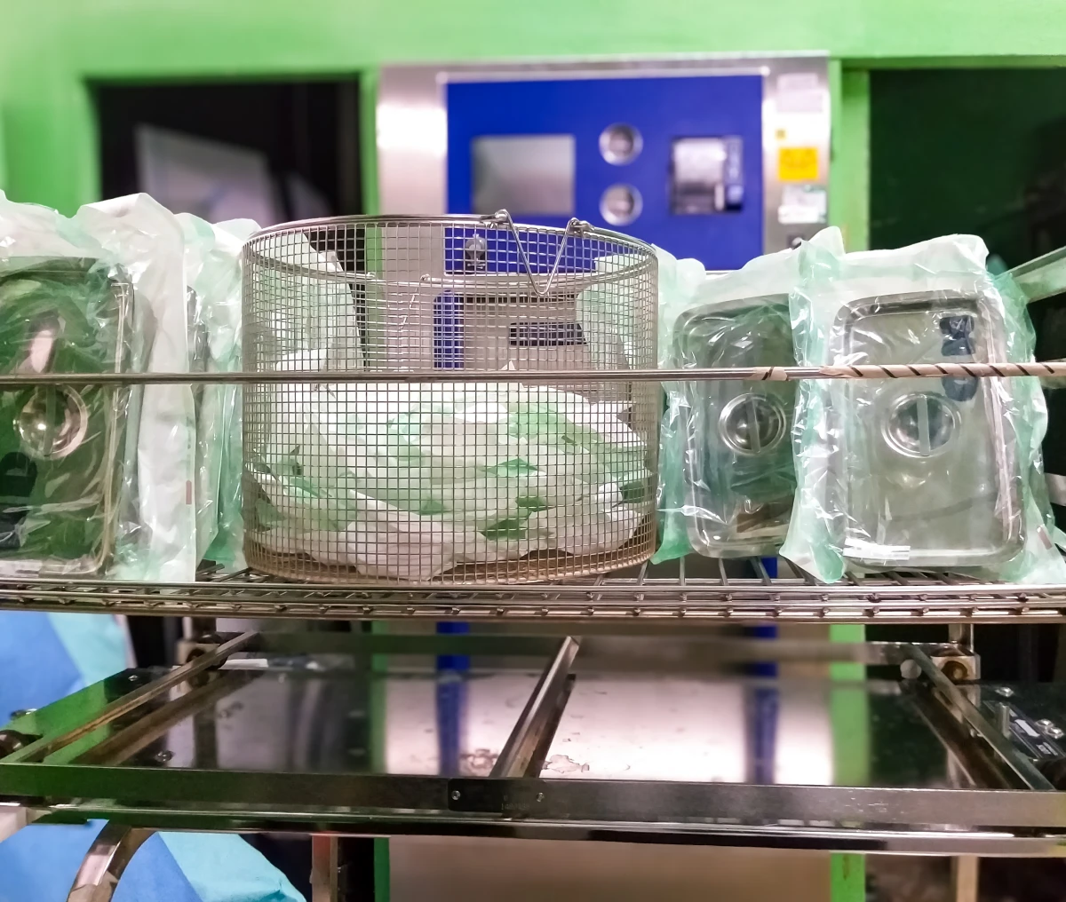 Sterile instruments wrapped in green packaging