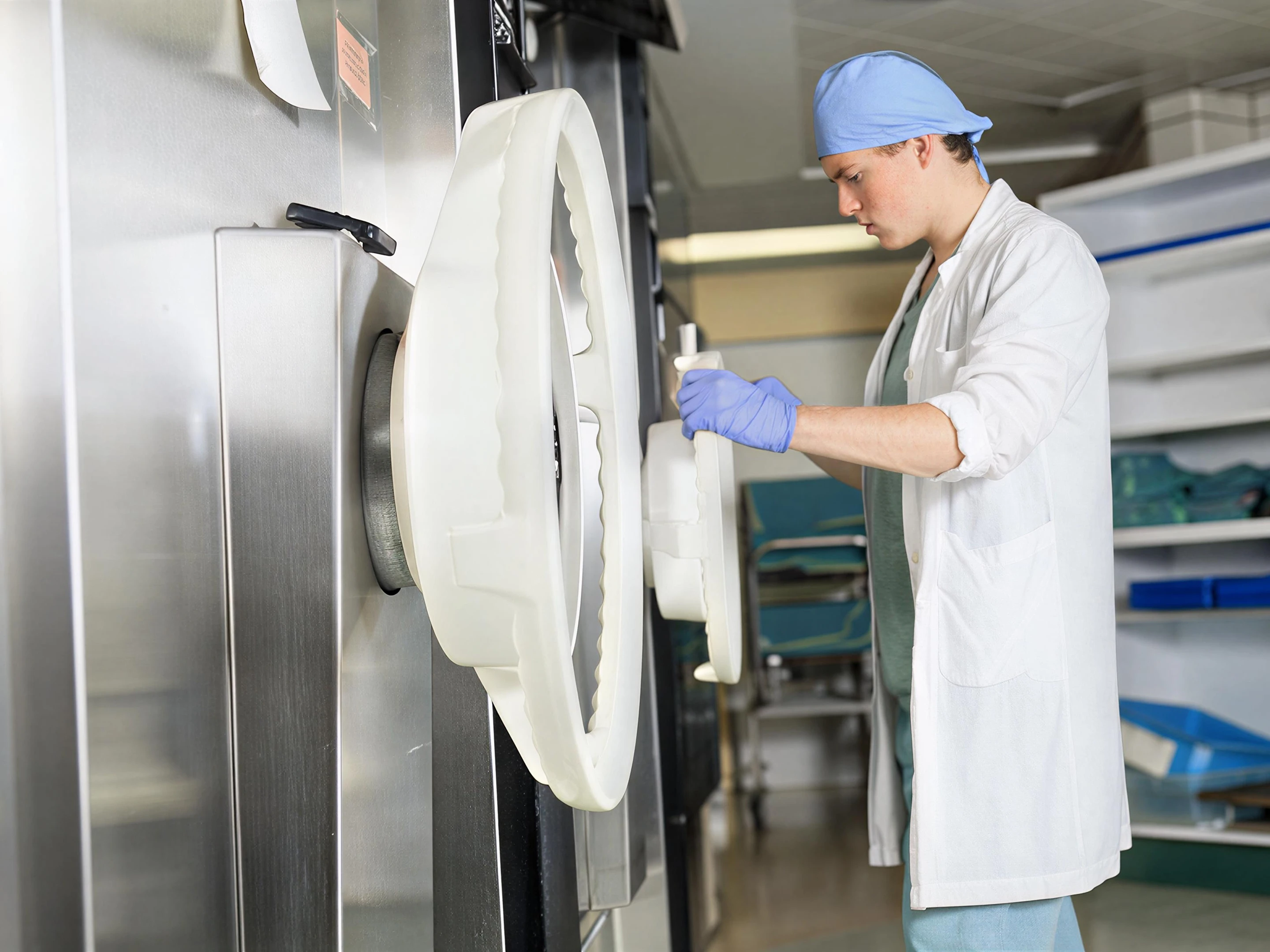 Person operating large medical sterilization equipment.