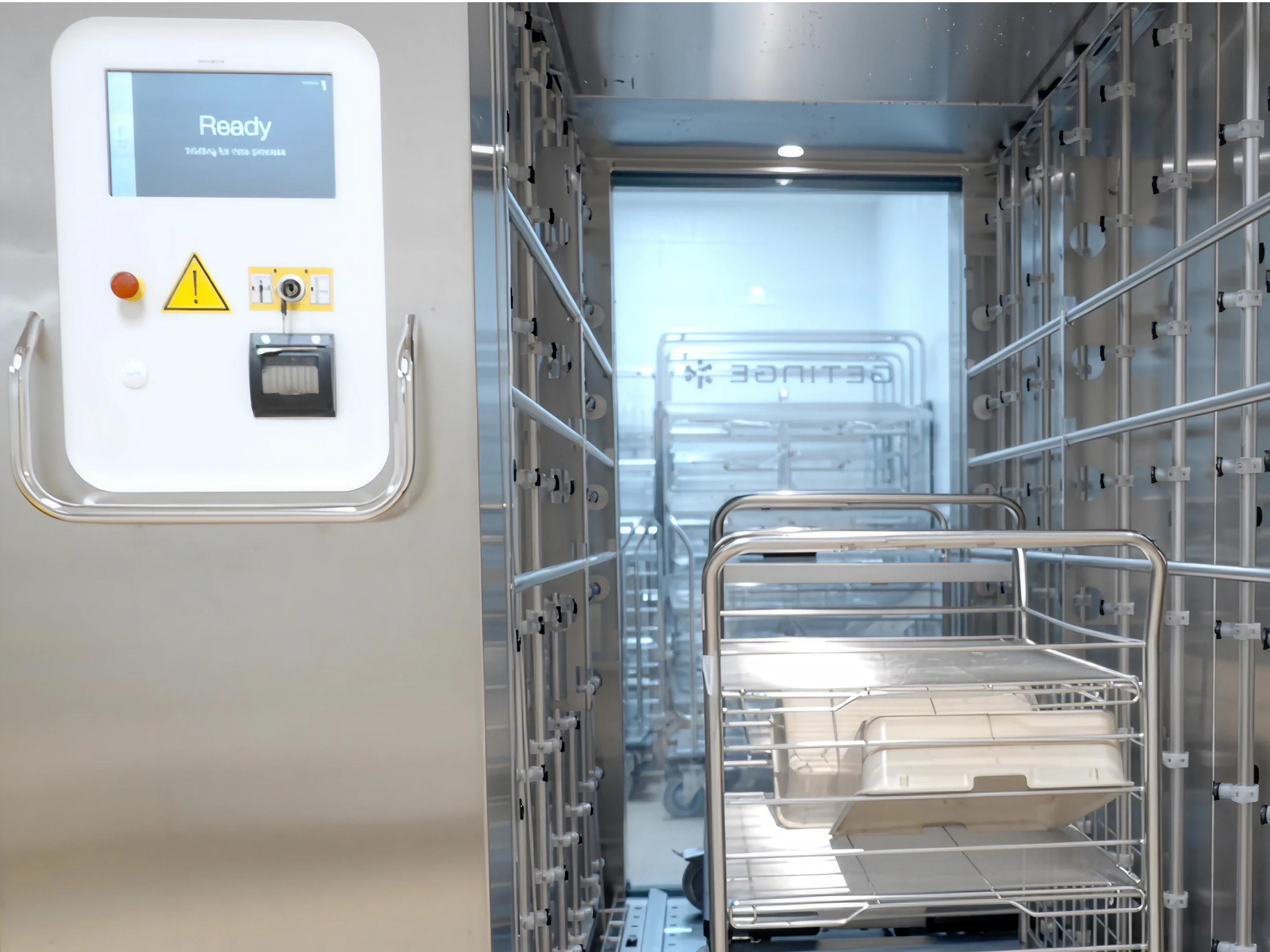 Sterilization chamber with metal cart inside.