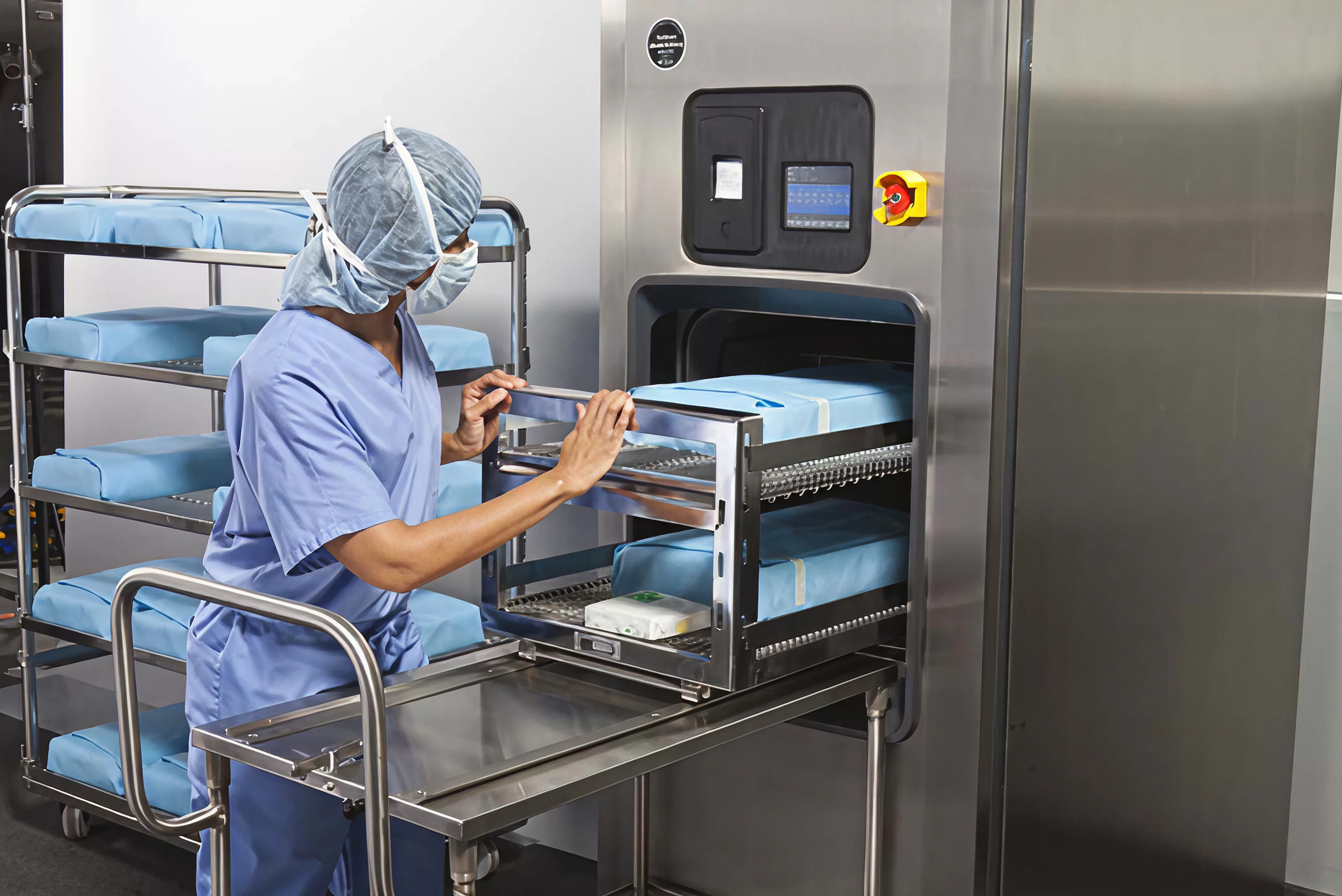 Nurse operating medical sterilization equipment.